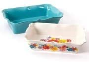 COLIBYOU 2-Piece Decorated Rectangular Ruffle Top Ceramic Bakeware Set, turquoise & floral