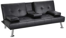 Load image into Gallery viewer, GJR LuxuryGoods Modern PU Leather Futon w/Cupholders &amp; Pillows, Black