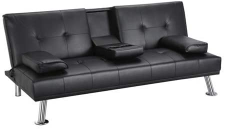GJR LuxuryGoods Modern PU Leather Futon w/Cupholders & Pillows, Black