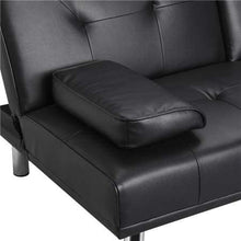 Load image into Gallery viewer, GJR LuxuryGoods Modern PU Leather Futon w/Cupholders &amp; Pillows, Black