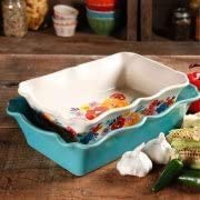 Load image into Gallery viewer, COLIBYOU 2-Piece Decorated Rectangular Ruffle Top Ceramic Bakeware Set, turquoise &amp; floral