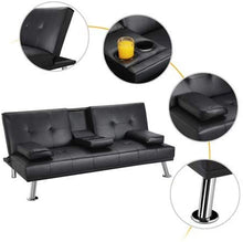 Load image into Gallery viewer, GJR LuxuryGoods Modern PU Leather Futon w/Cupholders &amp; Pillows, Black