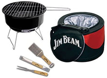 Load image into Gallery viewer, Jim Beam 5 Piece Parawood and Stainless Steel BBQ set with insulated cooler, sporting an exterior storage pocket and adjustable shoulder strap for easy portability