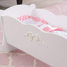 Load image into Gallery viewer, KidKraft Tiffany Bow Scalloped-Edge Wooden Lil Doll Rocking Cradle with Comforter, Pad and Pillow - White