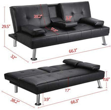 Load image into Gallery viewer, GJR LuxuryGoods Modern PU Leather Futon w/Cupholders &amp; Pillows, Black
