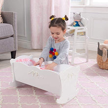 Load image into Gallery viewer, KidKraft Tiffany Bow Scalloped-Edge Wooden Lil Doll Rocking Cradle with Comforter, Pad and Pillow - White