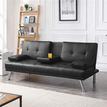 Load image into Gallery viewer, GJR LuxuryGoods Modern PU Leather Futon w/Cupholders &amp; Pillows, Black