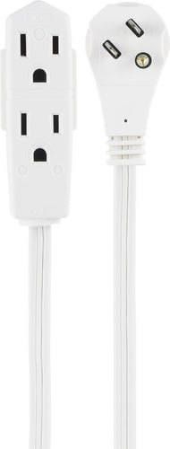 GE Indoor Office Extension Cord, Extra Long 8ft Power Cable, 3 Grounded Outlets, 3 Prong, Low-Profile Right Angle Flat Plug, 16 Gauge, UL Listed, White, 50251