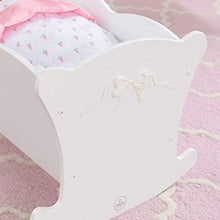 Load image into Gallery viewer, KidKraft Tiffany Bow Scalloped-Edge Wooden Lil Doll Rocking Cradle with Comforter, Pad and Pillow - White