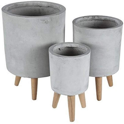 Deco 79 46475 Light Gray Fiber Clay and Wood Planters (Set of 3), White/Lightbrown