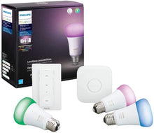 Load image into Gallery viewer, Philips Hue MAIN-54158 White &amp; Color Ambiance LED Starter Kit-3 Multicolor A19 Bulbs, Bridge and Hue Dimmer Switch (Gen 3-Richer Colors), Multi