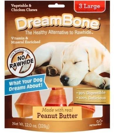 DreamBone Real Peanut Butter Flavored Vegetable & Chicken Dog Chew Treats (Rawhide Free) 11oz-12oz Bag (Pack of 3 Bags) Select Treat Size Below