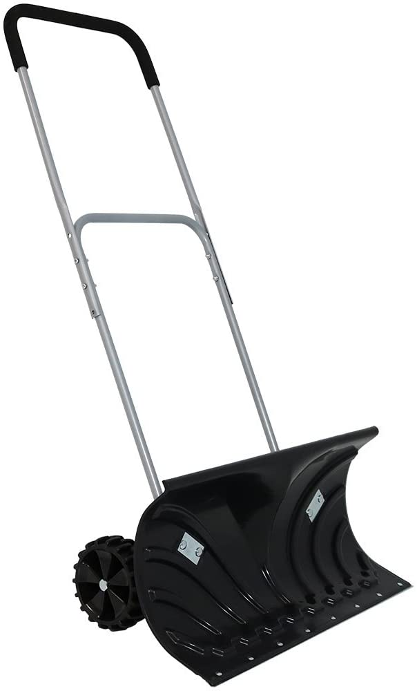 CASL Brands Heavy-Duty Rolling Snow Pusher with 6-Inch Polypropylene Wheels and Adjustable Aluminum Handle - Wheeled Snow Plow-Style Back Saver Snow Shovel - 26-Inch Blade