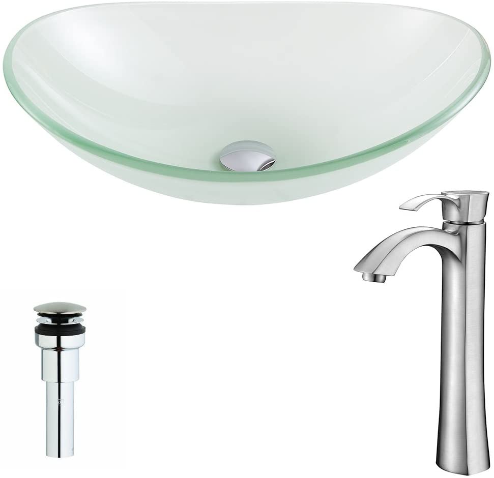 ANZZI | Forza Modern Tempered Deco Glass Vessel Oval Sink in Lustrous Frosted with Single Handle Single Hole Harmony Lavatory Basin Sink Faucet in Brushed Nickel | LSAZ086-095B