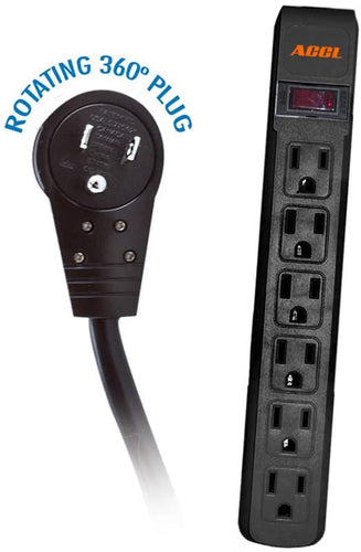 ACCL 3 Prong Surge Protector with 4 Feet Power Cord, 360 Degree Rotating Plug, 6 Horizontal Outlets, UL Listed & Black Color Plastic Body