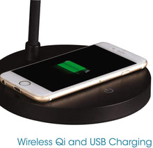Load image into Gallery viewer, OttLite Shine LED Desk Lamp with Qi Wireless Charging and 2.1A USB Charging Port, Black