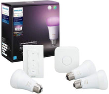 Load image into Gallery viewer, Philips Hue MAIN-54158 White &amp; Color Ambiance LED Starter Kit-3 Multicolor A19 Bulbs, Bridge and Hue Dimmer Switch (Gen 3-Richer Colors), Multi