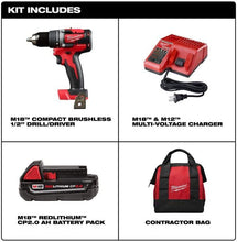 Load image into Gallery viewer, Milwaukee 2801-21P M18 18-Volt Lithium-Ion Compact Brushless Cordless 1/2 in. Drill/Driver Kit
