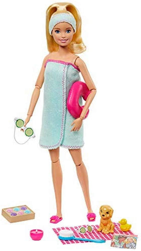Barbie Spa Doll, Blonde, with Puppy and 9 Accessories, Including Neck Pillow, Rubber Duck and Cucumber Eye Masks, Gift for Kids 3 to 7 Years Old