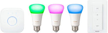 Load image into Gallery viewer, Philips Hue MAIN-54158 White &amp; Color Ambiance LED Starter Kit-3 Multicolor A19 Bulbs, Bridge and Hue Dimmer Switch (Gen 3-Richer Colors), Multi