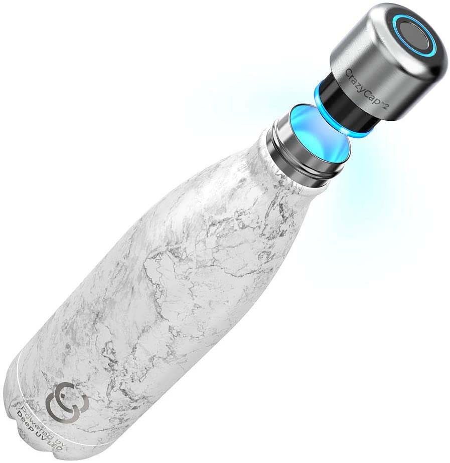 CrazyCap 2.0 UV Water Purifier & Self Cleaning Stainless Steel Insulated Water Bottle - Turns Any Water Source Into Clean Drinkable Water - Perfect for Hiking, Camping, Travel, and Survival
