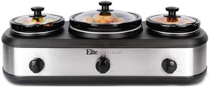 Elite Gourmet Elite Platinum EWMST-325FFP Maxi-Matic Triple Slow Cooker Buffet Server, Black/Silver