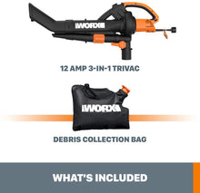 Load image into Gallery viewer, Worx WG509 TRIVAC 12 Amp 3-in-1 Electric Blower/Mulcher/Vacuum with Multi-Stage All Metal Mulching System