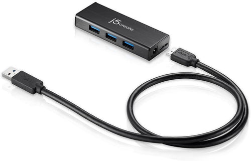 j5create USB 3.0 4-Port Mini HUB JUH340 portable adapter, USB 3.0/2.0 for Windows, Mac OS, Linux OS Black