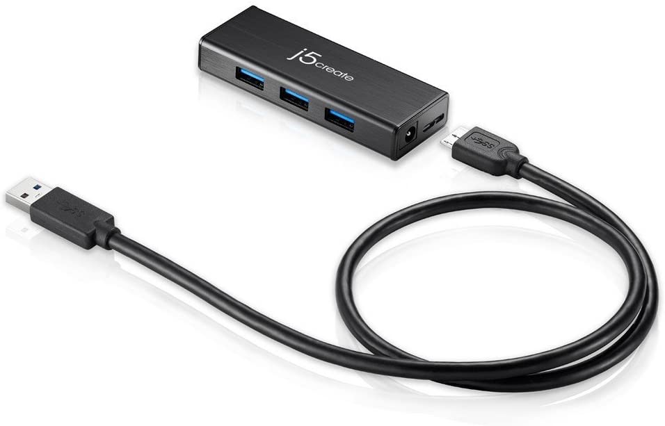 j5create USB 3.0 4-Port Mini HUB JUH340 portable adapter, USB 3.0/2.0 for Windows, Mac OS, Linux OS Black