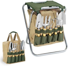 Load image into Gallery viewer, Picnic Time 5-Piece Garden Tool Set w/ Removable Tote &amp; Folding Seat