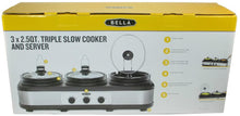 Load image into Gallery viewer, BELLA 14484 (3 x 2.5-Quart) Triple Slow Cooker with Lid Rests, Stoneware Pots, Serving Spoons and Bella Slow Cooker Recipe Book