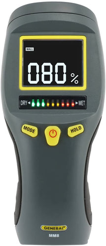 General Tools MM8 Pinless LCD Moisture Meter with Tricolor Bar Graph, black/white