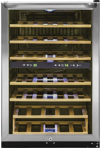 Frigidaire FFWC3822QS Two-Zone Wine Cooler with 38 Bottle Capacity Wooden Shelves Electronic Temperature Control Bright Lighting Stainless Steel Reversible Door and Front