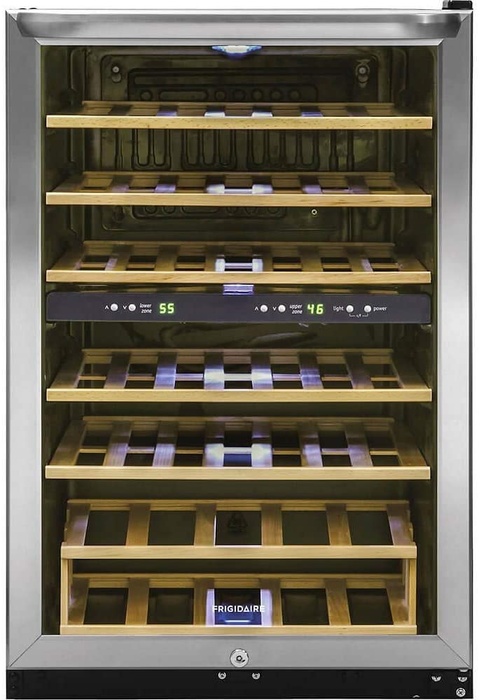 Frigidaire FFWC3822QS Two-Zone Wine Cooler with 38 Bottle Capacity Wooden Shelves Electronic Temperature Control Bright Lighting Stainless Steel Reversible Door and Front