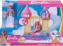 Load image into Gallery viewer, Barbie Dreamtopia Mermaid Playground Playset, with Chelsea Mermaid Doll, Merbear Friend Figure and Sand Castle Set with Swing, Slide, Pool and Tea Party, Gift for 3 to 7 Year Olds
