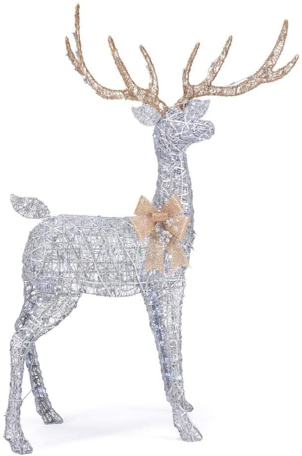 Home Accents Holiday 65 in Cool White 200-Light LED Silver Deer with Gold Bow