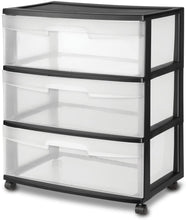 Load image into Gallery viewer, Sterilite 29309001 Wide 3 Drawer Cart, Black Frame with Clear Drawers and Black Casters, 1-Pack