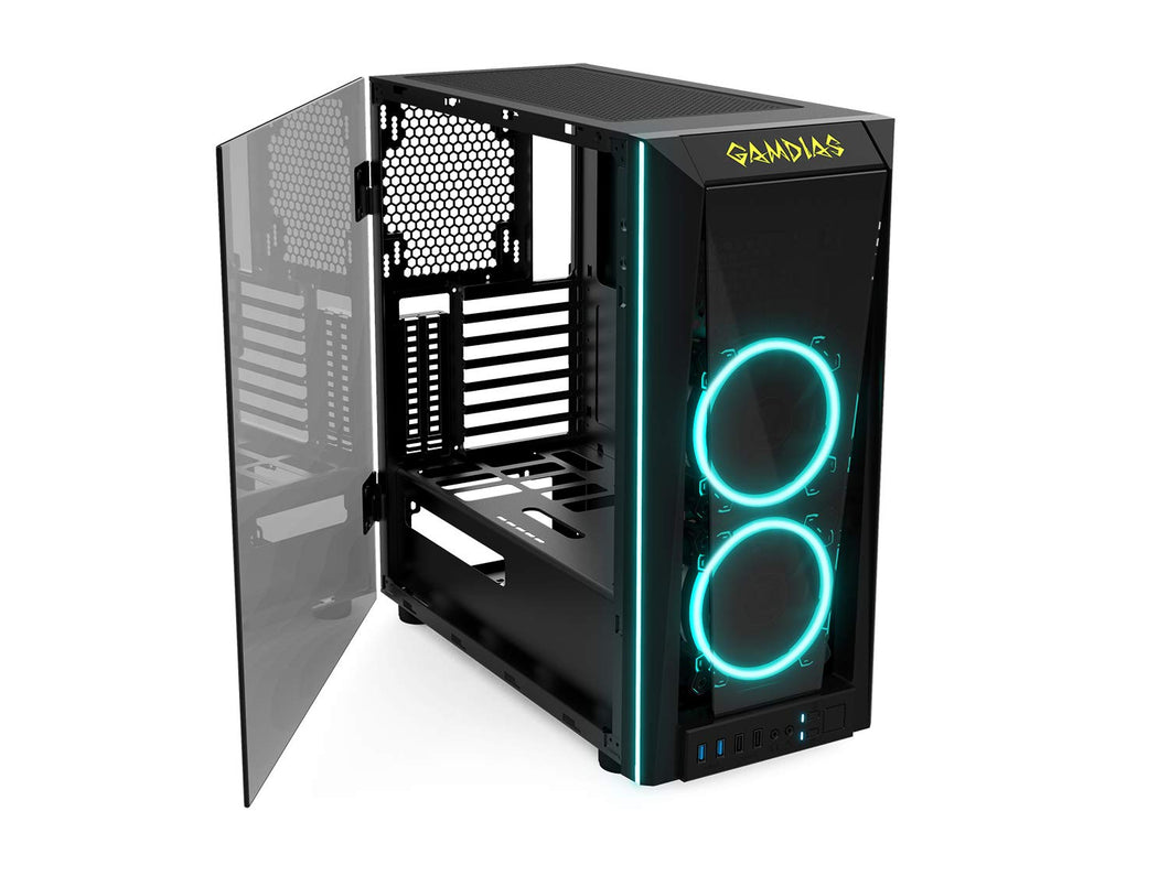 GAMDIAS RGB Gaming Mid-Tower Case Left Tempered Glass Two LED Strip Switchable IO Port with Two RGB Fans Cases TALOS M1, Black