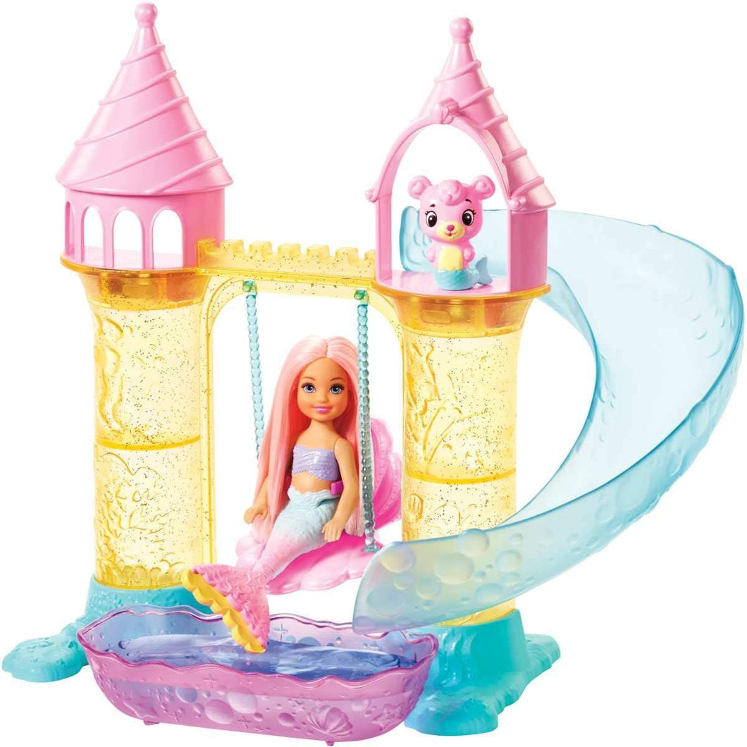 Barbie Dreamtopia Mermaid Playground Playset, with Chelsea Mermaid Doll, Merbear Friend Figure and Sand Castle Set with Swing, Slide, Pool and Tea Party, Gift for 3 to 7 Year Olds
