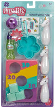 Load image into Gallery viewer, My Life As Doll Size Outdoor Game Play Set 13 Piece Backyard Fun Party Games for 18" Dolls ~ Real Bubbles, Unicorn Bowling Pins, Bean Bag Toss and More