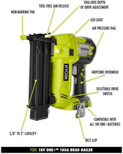 Load image into Gallery viewer, RYOBI P1854 18-Volt ONE+ Lithium-Ion Cordless AirStrike 18-Gauge Brad Nailer with (1) 1.5 Ah Battery and (1) 18-Volt Charger