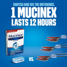 Load image into Gallery viewer, Chest Congestion, Mucinex Maximum Strength 12 Hour Extended Release Tablets, 14ct, 1200 mg Guaifenesin with extended relief of  chest congestion caused by excess mucus, thins and loosens mucus