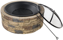Load image into Gallery viewer, Sun Joe SJFP35-STN Cast Stone Base, Wood Burning Fire Pit w/Dome Screen and Poker