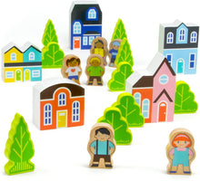 Load image into Gallery viewer, Imagination Generation Blocktown Little Wooden People Play Set, 22 Pieces Including Characters, Houses, Trees and More