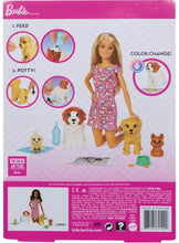 Load image into Gallery viewer, Barbie Doggy Daycare Doll, Blonde, and Pets Playset with 4 Dogs, Including One Puppy that Poops and One that Pees, Plus Color-Change Paper and More, Gift for 3 to 7 Year Olds