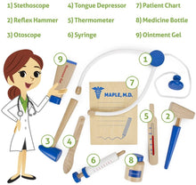 Load image into Gallery viewer, Doctor Kit for Kids Playset (10 pcs) | Dr. Maple&#39;s Wooden Wonders Pretend Play Wood Toy Doctor Kit | Doctor, Nurse &amp; Vet Play Medical Bag for Toddlers | Includes Medicine, Ointment, Tools &amp; Med Chart