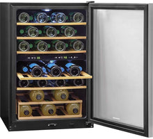 Load image into Gallery viewer, Frigidaire FFWC3822QS Two-Zone Wine Cooler with 38 Bottle Capacity Wooden Shelves Electronic Temperature Control Bright Lighting Stainless Steel Reversible Door and Front
