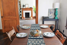 Load image into Gallery viewer, Reversible Blue and White Geometric Table Runner