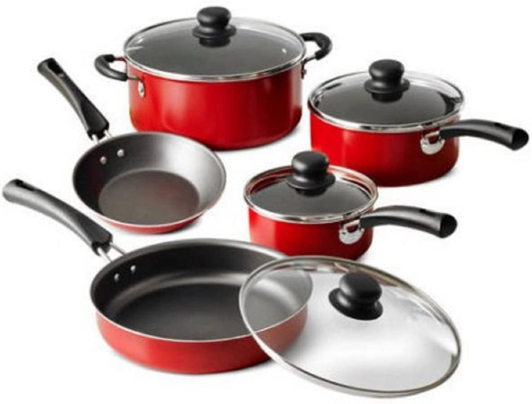 9-Piece Red Simple Cooking Nonstick Stay-Cool Handles Riveted Heat- And Shatter-Resistant Tempered Glass Lids Dishwasher-Safe Cookware Set
