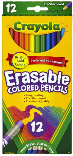 Crayola Erasable Colored Pencils, 12 Non-Toxic, Pre-Sharpened, Kids 4 & Up, Assorted Colors